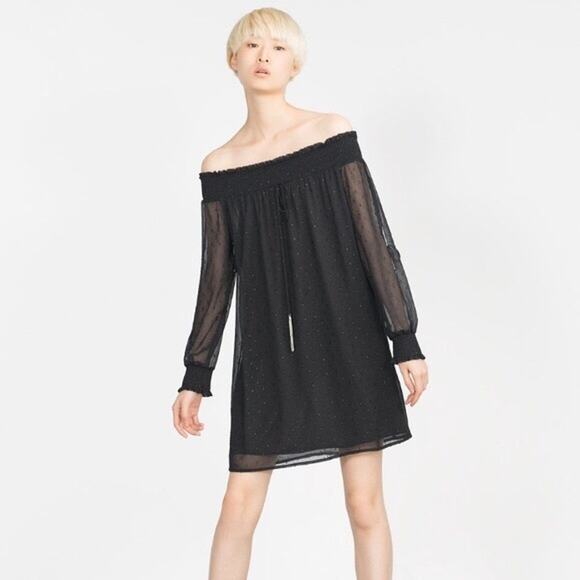 ZARA Peasant‎ Off Shoulder Swiss Dot Black Chiffon Cocktail Dress SZ XS - Picture 1 of 14